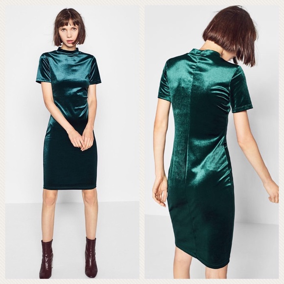 Zara Dresses & Skirts - ZARA BOTTLE GREEN VELVET FITTED STRETCH TUBE DRESS